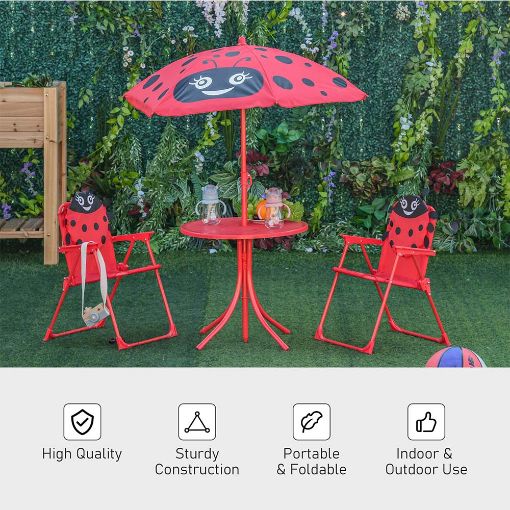 Εικόνα της Outsunny - Σετ Παιδικό Σαλόνι Κήπου με Τραπέζι, 2 Καρέκλες και Ομπρέλα Πασχαλίτσα 4 τμχ 312-024RD