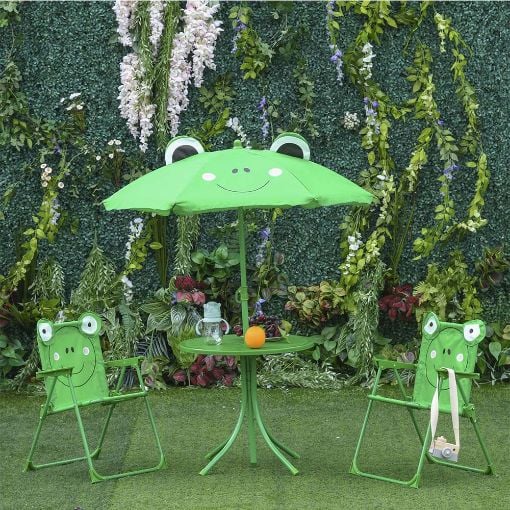 Εικόνα της Outsunny - Σετ Παιδικό Σαλόνι Κήπου με Τραπέζι 2 Καρέκλες και Ομπρέλα Βάτραχος 4 τμχ 312-024GN