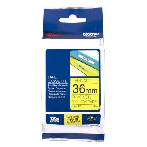 Εικόνα της Ταινία Ετικετογράφου Brother 8m x 36mm Black On Yellow TZE-661