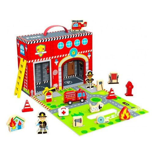 Εικόνα της Tooky Toy - Ξύλινο Σετ Σταθμός Πυροσβεστικής Βαλιτσάκι TY203