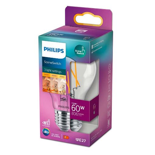 Εικόνα της Λαμπτήρας LED Philips E27 Filament Scene Switch (2200-2500-2700K) 806lm 7.5W