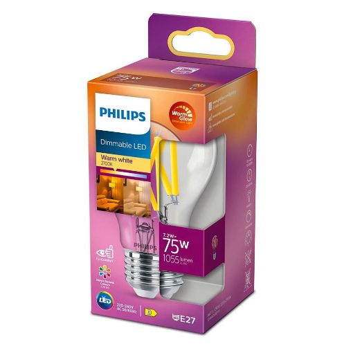 Εικόνα της Λάμπα LED Philips E27 Filament Warm Glow 2200-2700K 1055lm 7.2W 929003011101