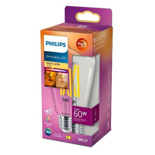 Εικόνα της Λάμπα LED Philips E27 Edison Filament Warm Glow 2200-2700K 806lm 5.9W 929003010701