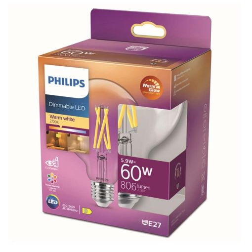 Εικόνα της Λάμπα LED Philips E27 Globe Filament Warm Glow 2200-2700K 806lm 5.9W 929003010901