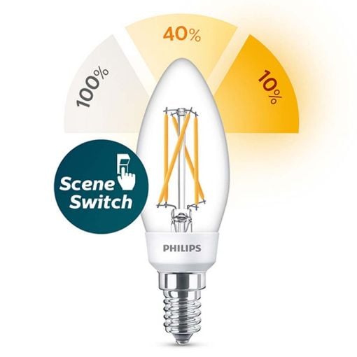 Εικόνα της Λάμπα LED Philips E14 Candle Filament Scene Switch (2200-2500-2700K) 470lm 5W 929001888855