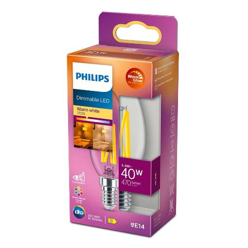 Εικόνα της Λάμπα LED Philips E14 Candle Filament Warm Glow 2200-2700K 470lm 3.4W 929003012201