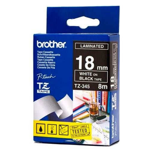 Εικόνα της Ταινία Ετικετογράφου Brother 8m x 18mm White on Black TZe-345