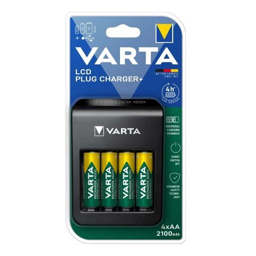 Εικόνα της Σετ Φορτιστής Μπαταριών Varta LCD Plug Charger+ Ni-MH & 4x Επαναφορτιζόμενες Μπαταρίες 2100 mAh AA Black 57687101441