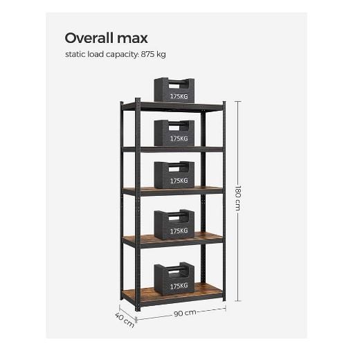 Εικόνα της Songmics Ραφιέρα Dexion Vintage με 5 Ράφια 180 x 90 x 40 cm Black/Brown GLR040B11