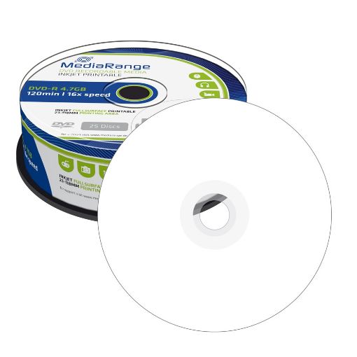 Εικόνα της DVD-R 4.7GB 120' Inkjet Fullsurface Printable 16x MediaRange Cake Box 25 Τεμ MR407