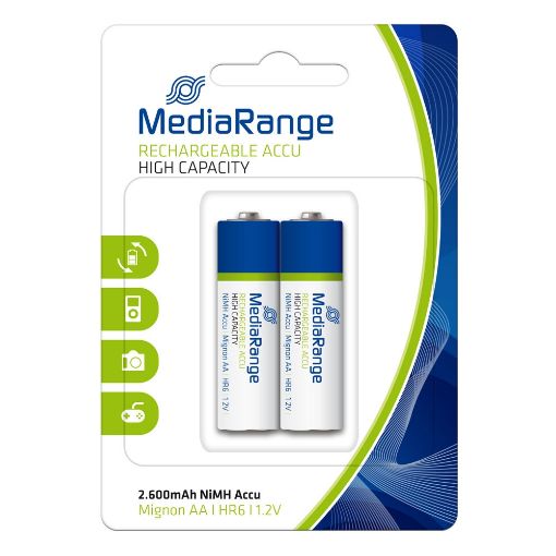 Εικόνα της Επαναφορτιζόμενες Μπαταρίες MediaRange High Capacity NiMH, AA, 2.600mAh, 1.2V, HR6, 2 Pack MRBAT123