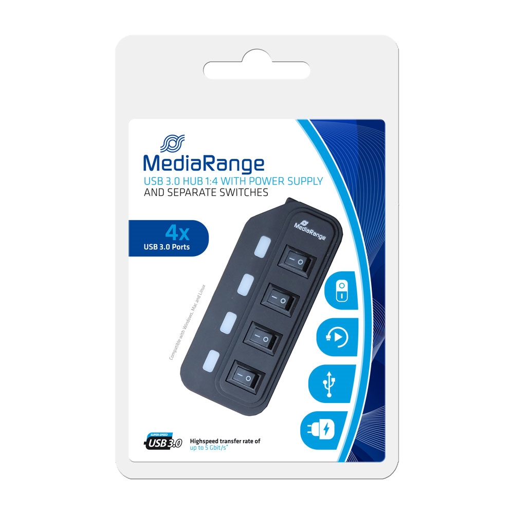 MediaRange MRCS505 Hub USB 3.0 4 Porte - Plug And Play, Compatto, Per Computer E Laptop