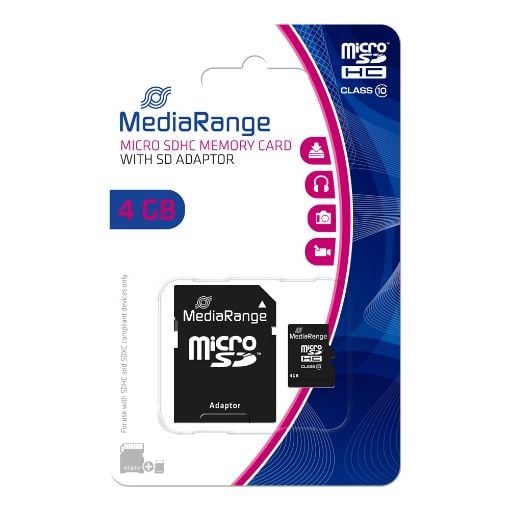 Εικόνα της Κάρτα Μνήμης MicroSDHC Class 10 MediaRange 4GB with SD Adapter MR956