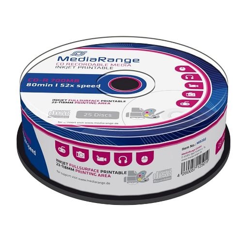 Εικόνα της CD-R 700MB 80' Inkjet Fullsurface Printable 52x MediaRange Cake Box 25 Τεμ MR202