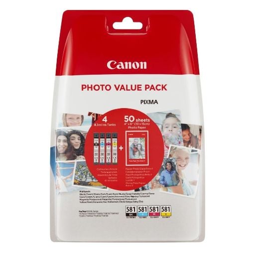 Εικόνα της Πακέτο 4 Μελανιών Canon CLI-581XLVP C/M/Y/BK και 50 φύλλα PP-201 10x15cm 2052C004