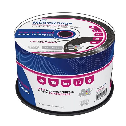 Εικόνα της Vinyl Black Dye CD-R 700MB 80' Printable 52x MediaRange Cake Box 50 Τεμ MR226