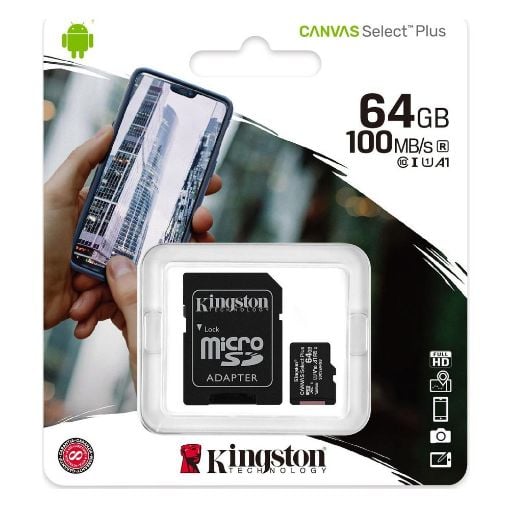 Εικόνα της Κάρτα Μνήμης MicroSDXC Class 10 Kingston Canvas Select Plus 100R A1 64GB + SD Adapter SDCS2/64GB