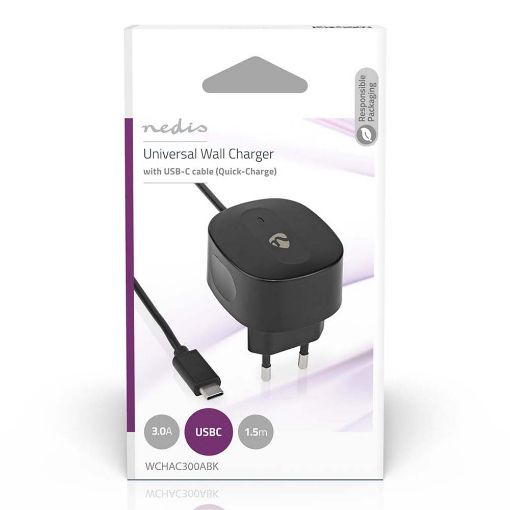Εικόνα της Φορτιστής Nedis Quick Charge 15W με Ενσωματωμένο Καλώδιο USB-C 1.5m Black WCHAC300ABK