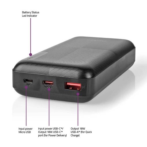 Εικόνα της Power Bank Nedis USB-A & USB-C 20000mAh PD Quick Charge 18W Black UPBKPD20000BK