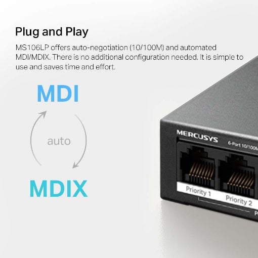 Εικόνα της Switch Mercusys 6 Port 10/100Mbps PoE+ Black MS106LP