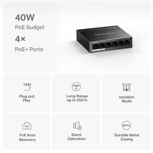 Εικόνα της Switch Mercusys 6 Port 10/100Mbps PoE+ Black MS106LP