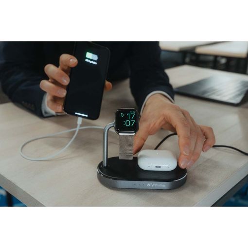 Εικόνα της Φορτιστής Verbatim WCS-02 Aluminium 3in1 USB-A Wireless Qi MFi & Apple Watch 44W Black 49556