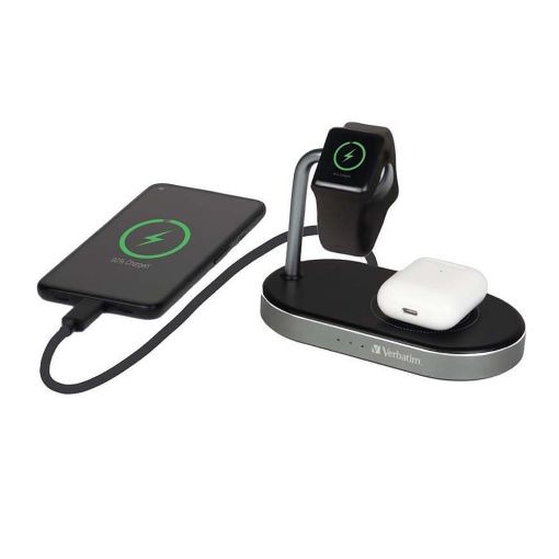 Εικόνα της Φορτιστής Verbatim WCS-02 Aluminium 3in1 USB-A Wireless Qi MFi & Apple Watch 44W Black 49556