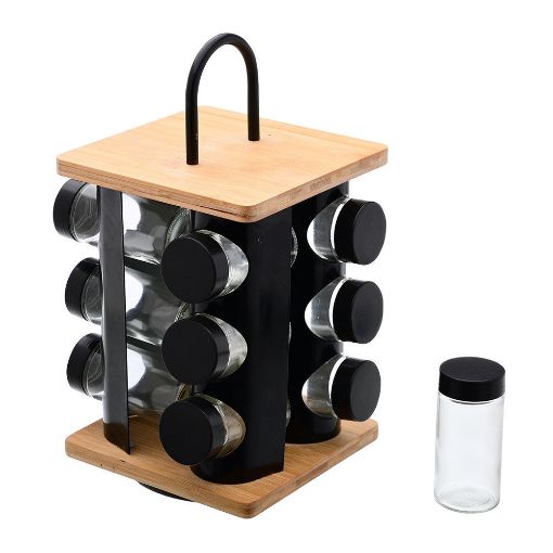 Εικόνα της Βάση Μπαχαρικών Estia Bamboo Essentials Περιστρεφόμενη με 12 Γυάλινα Δοχεία Μαύρη 01-14650