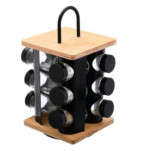 Εικόνα της Βάση Μπαχαρικών Estia Bamboo Essentials Περιστρεφόμενη με 12 Γυάλινα Δοχεία Μαύρη 01-14650