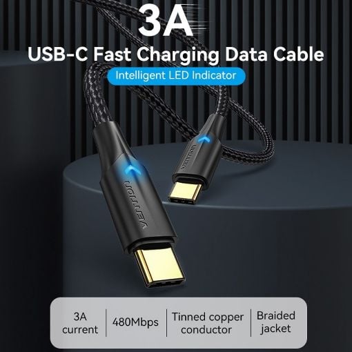 Εικόνα της Καλώδιο Vention USB Type-C to Type-C Braided LED 1m Black TAUBF