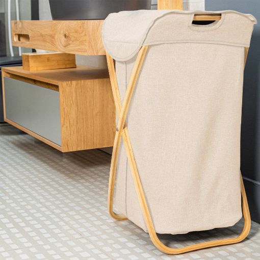 Εικόνα της Καλάθι Απλύτων Estia Bamboo Essentials 40x40x70cm Με Θήκη Πολυεστέρα Πτυσσόμενο Μπεζ 02-18627