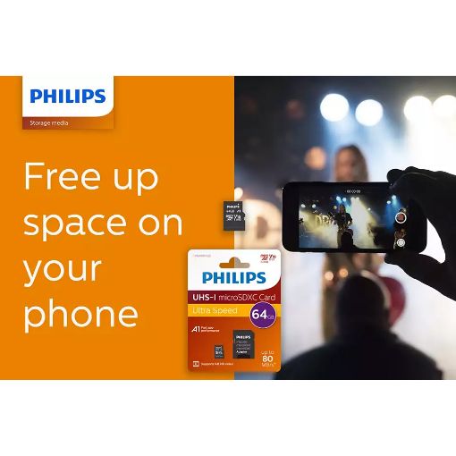 Εικόνα της Κάρτα Μνήμης MicroSDXC Philips Ultra Speed 64GB Class 10 UHS-I U1 V10 + Adapter FM64MP45B/00