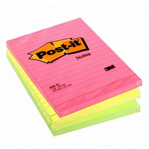 Εικόνα της Αυτοκόλλητα Χαρτάκια 3M Post-it Lined 100 Φύλλα 102 x 152 mm (Διάφορα Neon Χρώματα) 660N