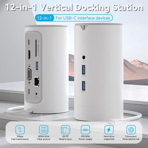 Εικόνα της Docking Station Vention 12-in-1 USB-C Vertical Type EU White TPHWC-EU