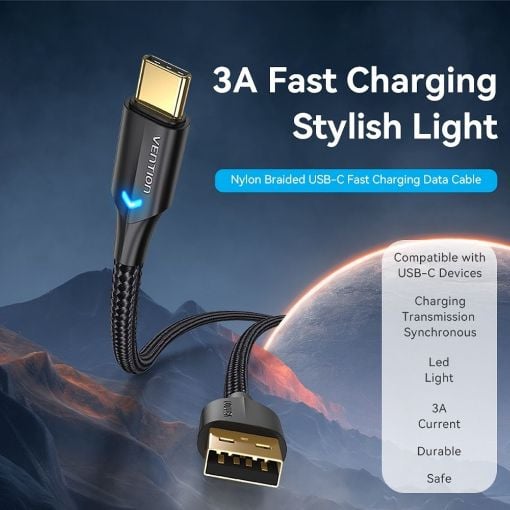 Εικόνα της Καλώδιο Vention USB-A 2.0 to USB-C M/M Braided LED 0.5m Black CTFBD