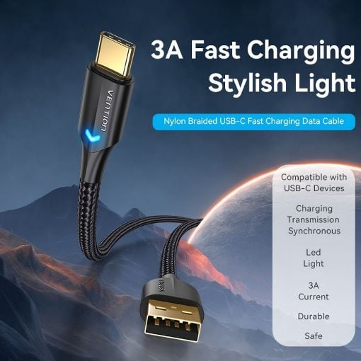 Εικόνα της Καλώδιο Vention USB-A 2.0 to USB-C M/M Braided LED 0.25m Black CTFBC