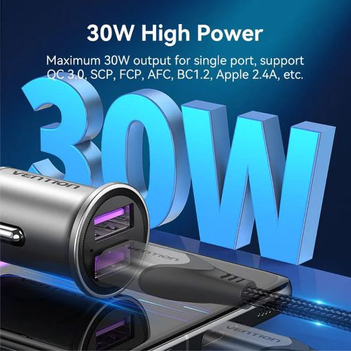 Εικόνα της Φορτιστής Αυτοκινήτου Vention USB-A 2-Port 30W Aluminium Gray FFEH0