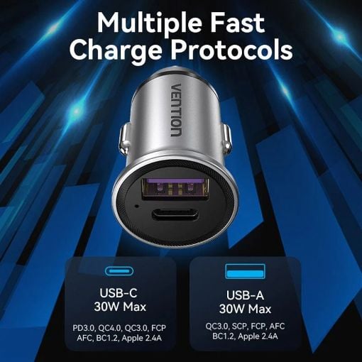 Εικόνα της Φορτιστής Αυτοκινήτου Vention USB-A & USB-C 30W Aluminium Gray FFFH0