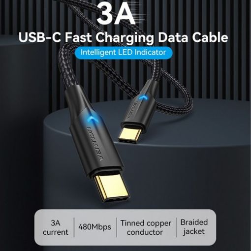 Εικόνα της Καλώδιο Vention USB Type-C to Type-C Braided LED 1.5m Black TAUBG