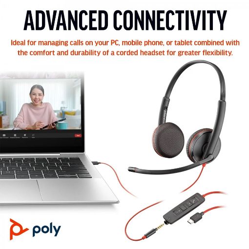 Εικόνα της Headset Poly Blackwire 3225 Stereo USB-C + 3.5mm Plug + USB-C/A Adapter (Bulk) Black 8X229A6