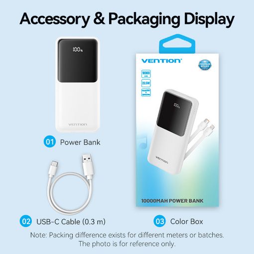 Εικόνα της Power Bank Vention 10.000mAh 22.5W Led Display Built-In Type-C & Lightning White FHOW0