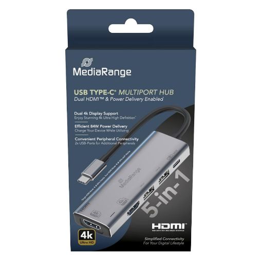 Εικόνα της Docking Station MediaRange USB Type-C 5 in-1 Adapter 2xHDMI Silver MRCS511
