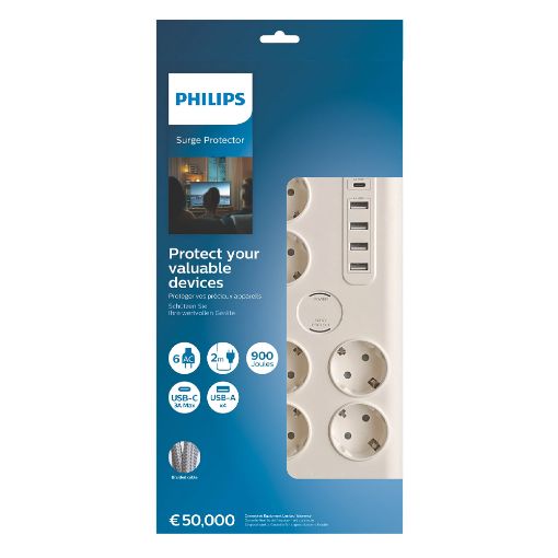 Εικόνα της Πολύπριζο Ασφαλείας Philips 6 Θέσεων με USB-C/ USB-A 2m Λευκό SPN7060WA/GRS