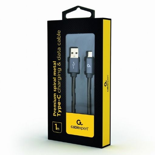Εικόνα της Καλώδιο Cablexpert USB-A Male to USB-C Male Spiral Braid 1m Metallic Gray CC-USB2S-AMCM-1M-BG