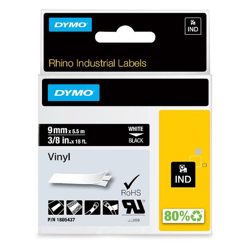 Εικόνα της Ταινία Ετικετογράφου Dymo Ind Rhino Tape Vinyl White On Black 9mm x 5.5m 1805437