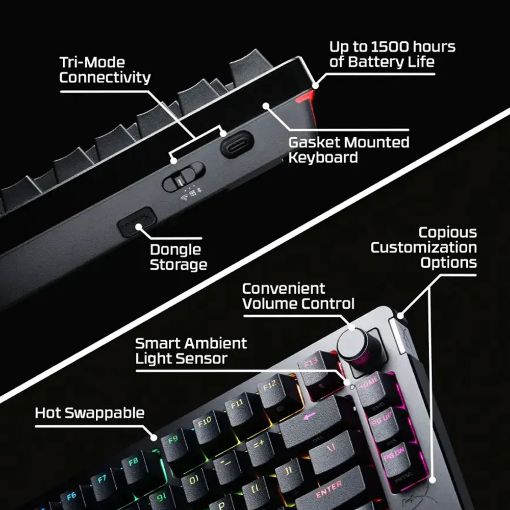 Εικόνα της Πληκτρολόγιο HyperX Alloy Rise 75 Wireless RGB Hot-Swappable Black 91Y91AA