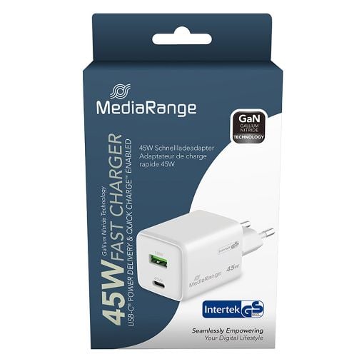 Εικόνα της Φορτιστής MediaRange 45W GaN USB-C & USB-A White MRMA113-2