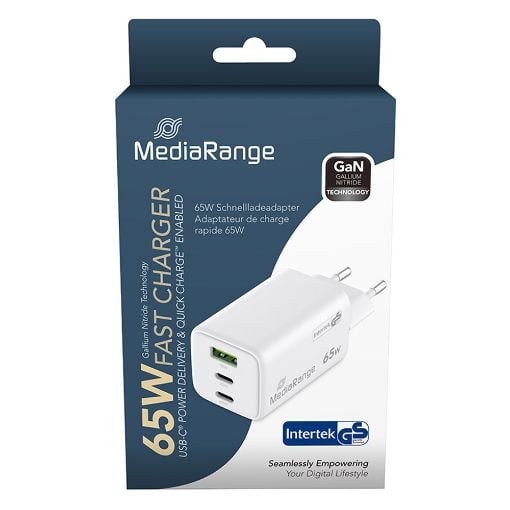 Εικόνα της Φορτιστής MediaRange 65W GaN 2x USB-C & USB-A White MRMA116-2