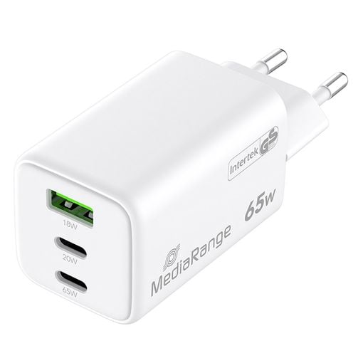 Εικόνα της Φορτιστής MediaRange 65W GaN 2x USB-C & USB-A White MRMA116-2