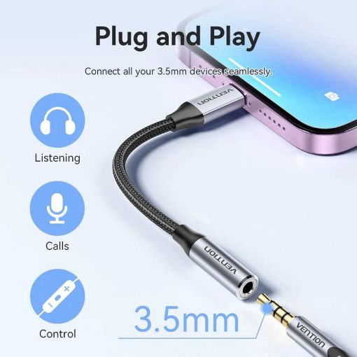 Εικόνα της Adapter Vention Lightning Male to 3.5mm Female 0.1m Silver BMBHA